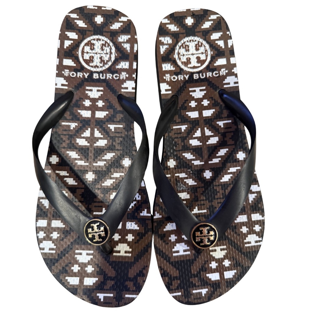 Tory Burch Brown, White & Black Patterned Flip Flops, woman size 8 - look new